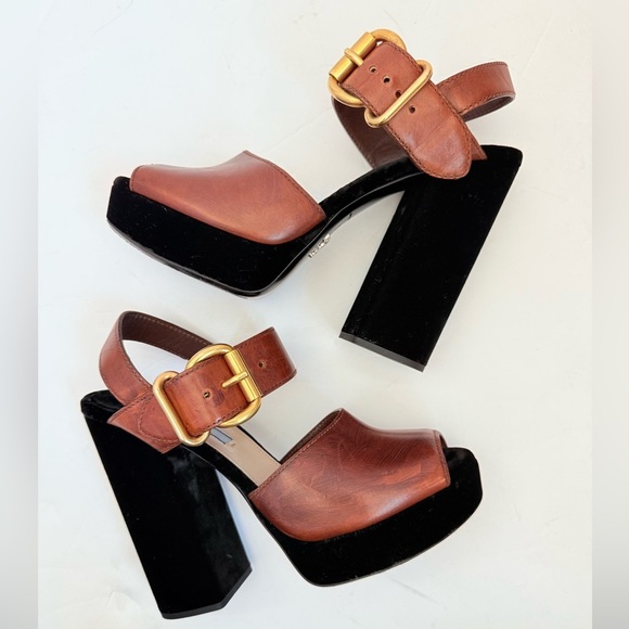 Prada Black/Brown Velvet & Leather Platform Block Heel Ankle Strap Sandals EU 39 - Picture 6 of 9